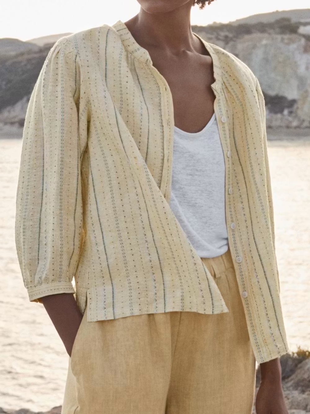 Poetry Striped Blouse in Pale Honey Size US 16 High-Twist Linen Textured Boho